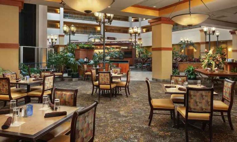 Restaurant area perfect as workspace at the Embassy Suites by Hilton Charleston Airport Convention Center.