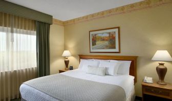 King size bed in a hotel suite with window at the Embassy Suites by Hilton Nashville - South-Cool Springs.