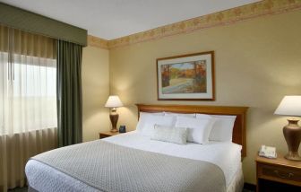 King size bed in a hotel suite with window at the Embassy Suites by Hilton Nashville - South-Cool Springs.