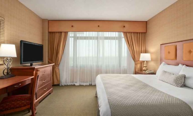 King bedroom with TV screen and desk at the Embassy Suites by Hilton Hot Springs Hotel & Spa.