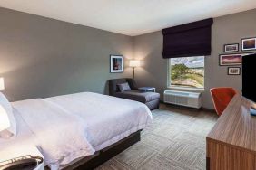 comfortable king room with TV, lounge area, and work desk ideal for working remotely at Hampton Inn Bulverde Texas Hill Country.