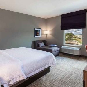 comfortable king room with TV, lounge area, and work desk ideal for working remotely at Hampton Inn Bulverde Texas Hill Country.