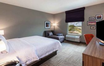 comfortable king room with TV, lounge area, and work desk ideal for working remotely at Hampton Inn Bulverde Texas Hill Country.