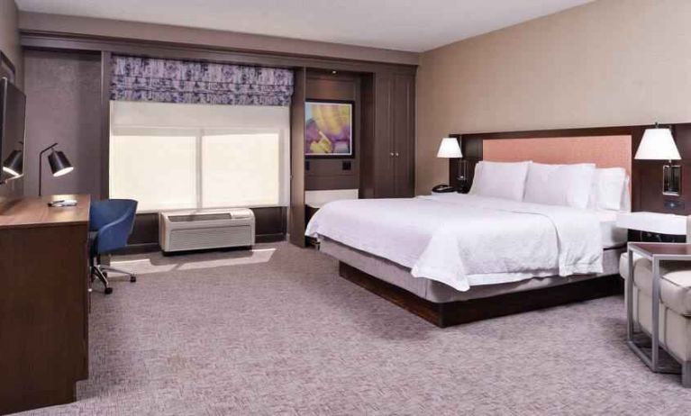 Spacious and bright king guestroom with window and desk at the Hampton Inn Albuquerque, University-Midtown (UNM).