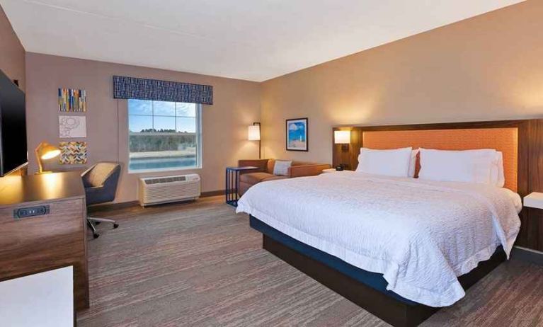 spacious delux king room with work desk ideal for working remotely at Hampton Inn Cape Cod Canal.