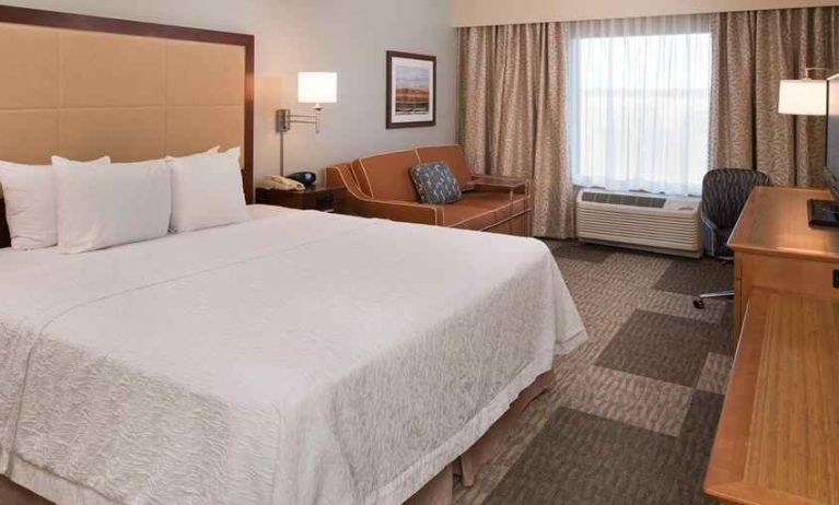 lovely king room with work desk and natural light ideal for working remotely at Hampton Inn & Suites Schertz.