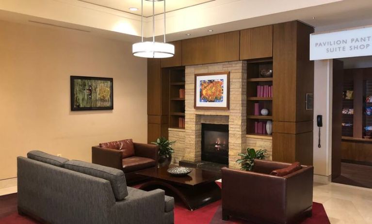 Comfortable hotel workspace by the fireplace at the Hilton Garden Inn Baltimore Inner Harbor.