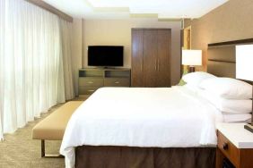 comfortable king room with TV and a lot of natural light at Embassy Suites by Hilton Seattle North Lynnwood.