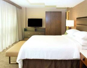 comfortable king room with TV and a lot of natural light at Embassy Suites by Hilton Seattle North Lynnwood.