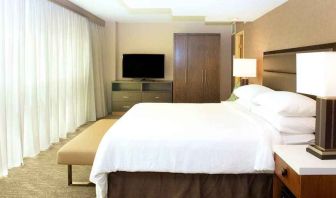 comfortable king room with TV and a lot of natural light at Embassy Suites by Hilton Seattle North Lynnwood.