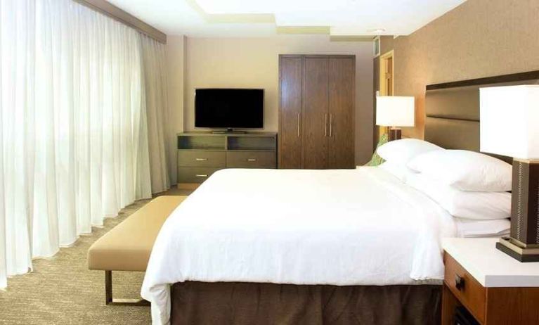 comfortable king room with TV and a lot of natural light at Embassy Suites by Hilton Seattle North Lynnwood.