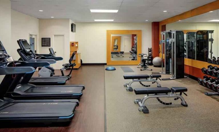 Fully equipped fitness center at the DoubleTree by Hilton Tulsa-Downtown.