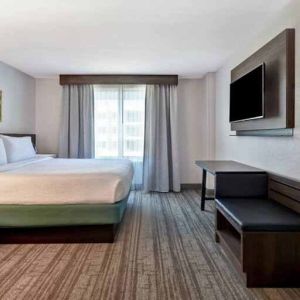 Bright king bedroom with window and TV screen at the Hilton Garden Inn Houston Galleria Area.