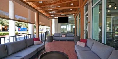 Outdoor terrace perfect as workspace at the Hilton Garden Inn Houston Galleria Area.