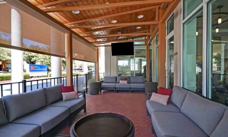 Outdoor terrace perfect as workspace at the Hilton Garden Inn Houston Galleria Area.