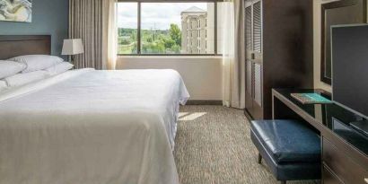 luxurious king suite with natural light at Embassy Suites by Hilton Seattle Tacoma International Airport.