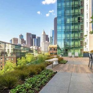 lovely outdoor patio with city scape views at Embassy Suites by Hilton Seattle Downtown Pioneer Square.