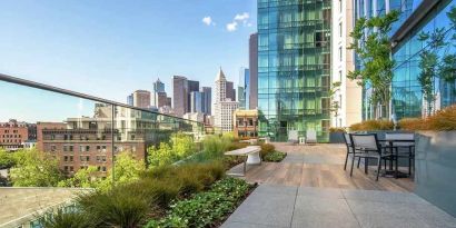 lovely outdoor patio with city scape views at Embassy Suites by Hilton Seattle Downtown Pioneer Square.