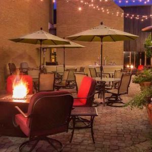 Beautiful workspace for co-working by the firepit at the Hilton Chicago-Northbrook.