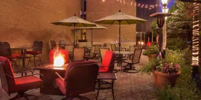 Beautiful workspace for co-working by the firepit at the Hilton Chicago-Northbrook.