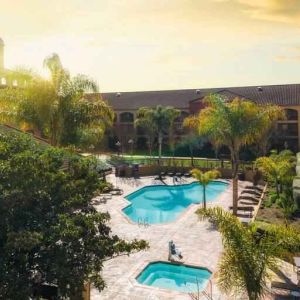 Beautiful aerial view of the hotel pool at the DoubleTree by Hilton Sonoma Wine Country.