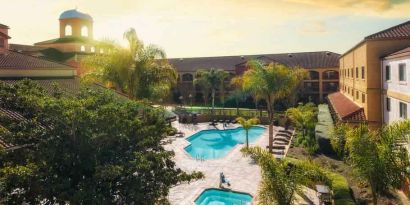 Beautiful aerial view of the hotel pool at the DoubleTree by Hilton Sonoma Wine Country.