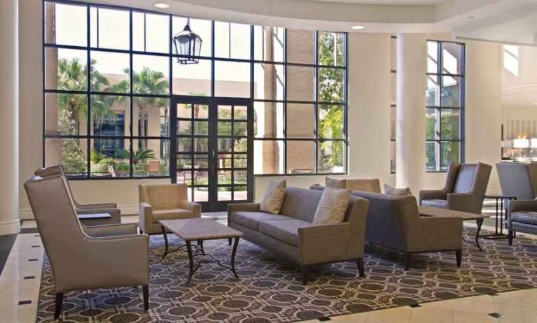 Comfortable lobby workspace with sofas at the Hilton New Orleans Airport.