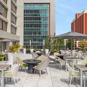 Outdoor patio with city view at the Hilton Birmingham at UAB.