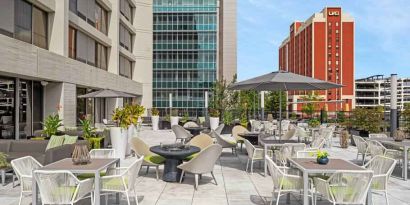 Outdoor patio with city view at the Hilton Birmingham at UAB.