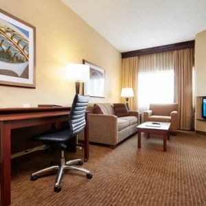 Working station in a hotel room at the DoubleTree Suites by Hilton Cincinnati-Blue Ash.