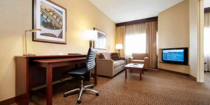 Working station in a hotel room at the DoubleTree Suites by Hilton Cincinnati-Blue Ash.