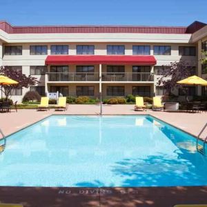 Outdoor pool area with lounges at the DoubleTree Suites by Hilton Cincinnati-Blue Ash.