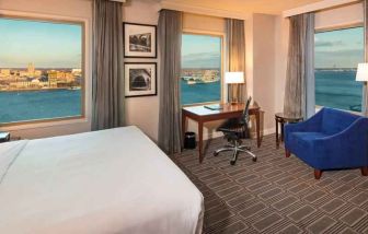 Working station by the window in a hotel room at the Hilton Philadelphia at Penn's Landing.