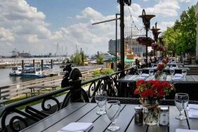 Beautiful outodoor terrace by the water perfect for co-working at the Hilton Philadelphia at Penn's Landing.