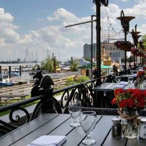 Beautiful outodoor terrace by the water perfect for co-working at the Hilton Philadelphia at Penn's Landing.