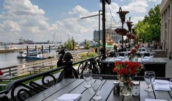 Beautiful outodoor terrace by the water perfect for co-working at the Hilton Philadelphia at Penn's Landing.