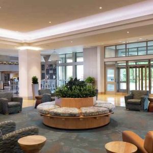 Spacious and comfortable lobby workspace at the Hilton Philadelphia at Penn's Landing.