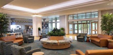 Spacious and comfortable lobby workspace at the Hilton Philadelphia at Penn's Landing.