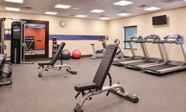 Fully equipped fitness center at the Hampton Inn & Suites St. Paul Oakdale/Woodbury by Hilton.