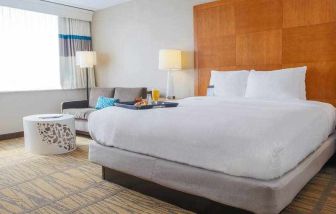 King bedroom with sofa and window at the DoubleTree by Hilton Rochester.