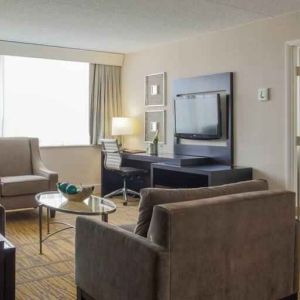 King suite with living room and bedroom at the DoubleTree by Hilton Rochester.