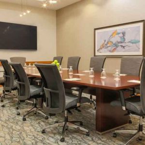 Meeting room with TV screen at the DoubleTree by Hilton Rochester.