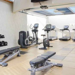 Fully equipped fitness center at the DoubleTree by Hilton Rochester.