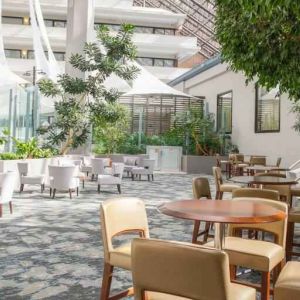 Outdoor patio perfect as workspace at the DoubleTree by Hilton Rochester.