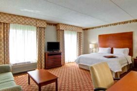 Spacious guestroom with king size bed, sofa and TV screen at the Hampton Inn & Suites Leesburg.