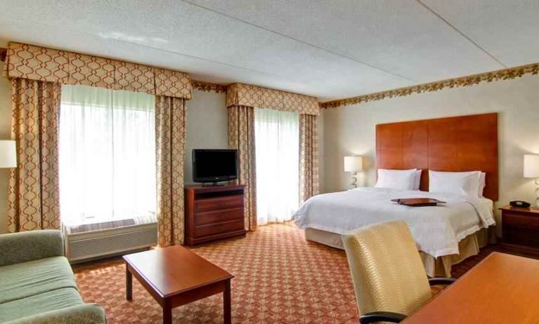 Spacious guestroom with king size bed, sofa and TV screen at the Hampton Inn & Suites Leesburg.