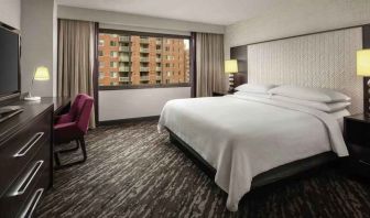 King bedroom with window at the Embassy Suites by Hilton Crystal City National Airport.