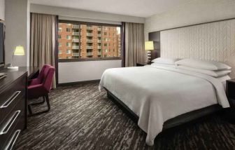 King bedroom with window at the Embassy Suites by Hilton Crystal City National Airport.