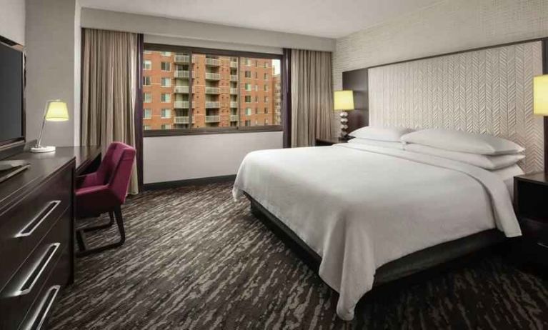 King bedroom with window at the Embassy Suites by Hilton Crystal City National Airport.