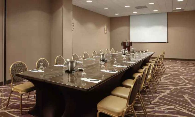 Meeting room with screen at the Embassy Suites by Hilton Crystal City National Airport.